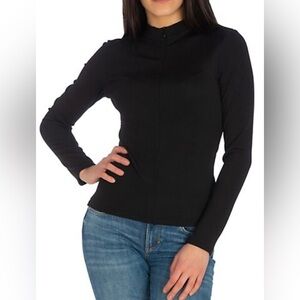 Guess Sadie Long Sleeve Mock Neck Ribbed Top w/ Front Zip, Black, sz M